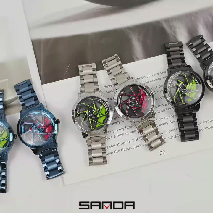 Reloj SANDA  con diseño de rin, esfera giratoria de 360 grados,